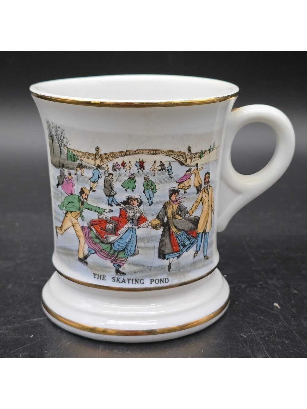 Vintage Mustache Mug "The Skating Pond" Currier & Ives Scene Porcelain Cup Gold